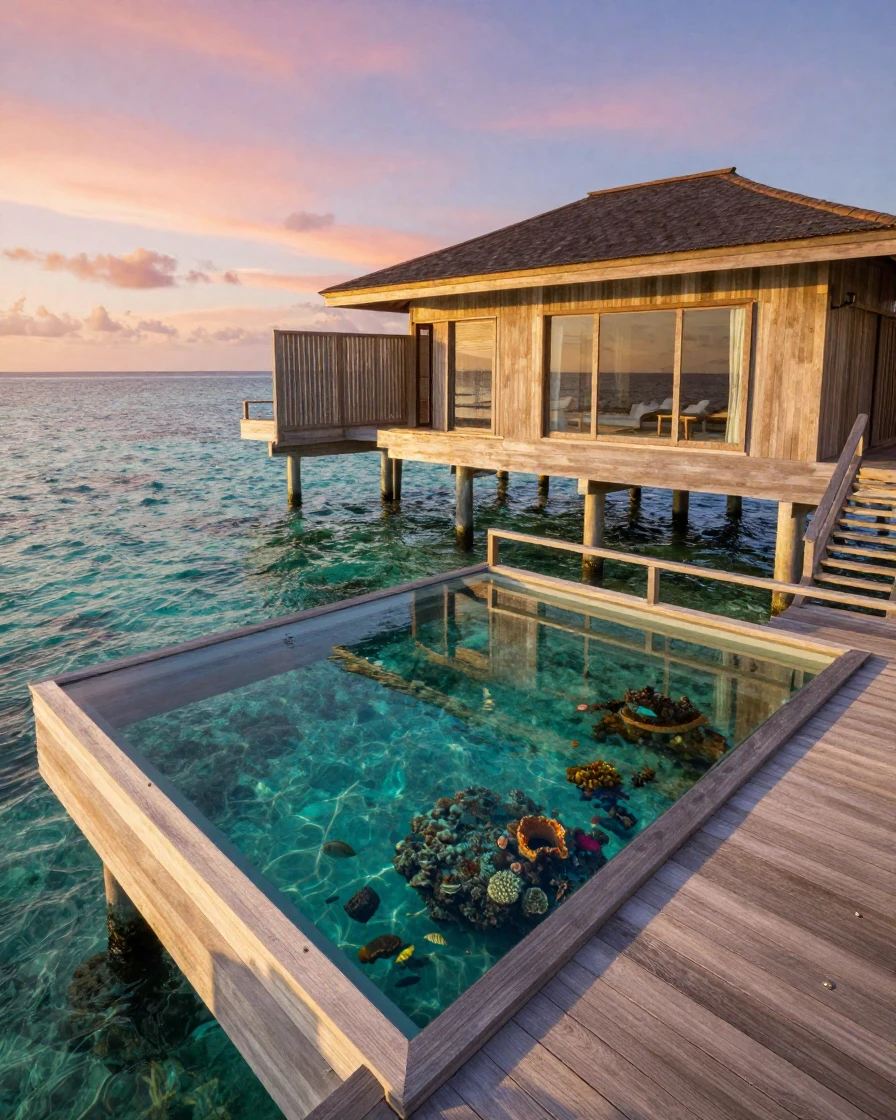 An overwater bungalow with a glass floor revealing turquoise water below