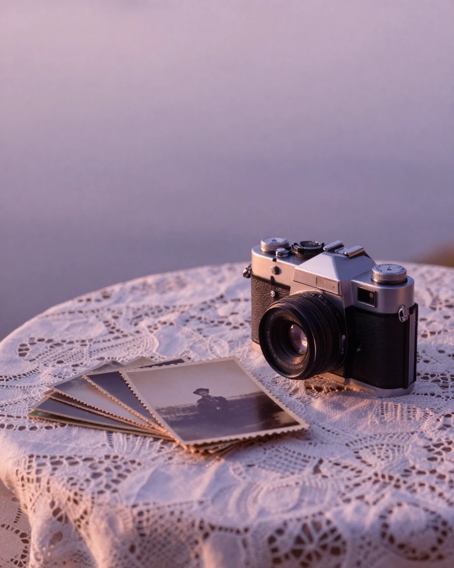 A vintage camera and stack of photographs on a lace tablecloth, in the pale light just before sunrise, on a clear, cloudless day, in the height of summer, in dusty lavender and rose tones, viewed from across the room.