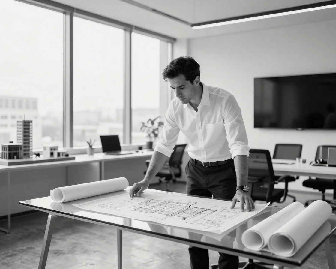 An architect reviews blueprints for a new building in a modern architecture firm.