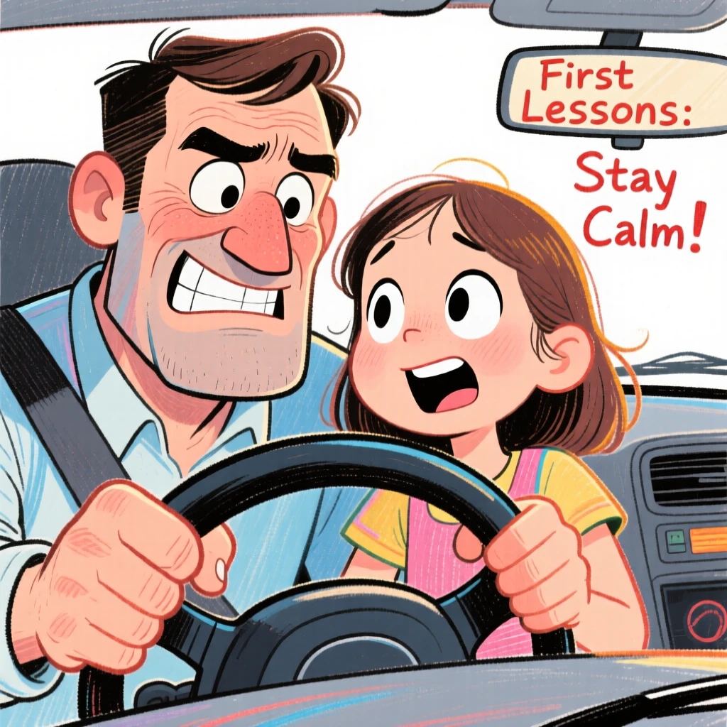 A father teaching his daughter to drive, both gripping the wheel with tense smiles.