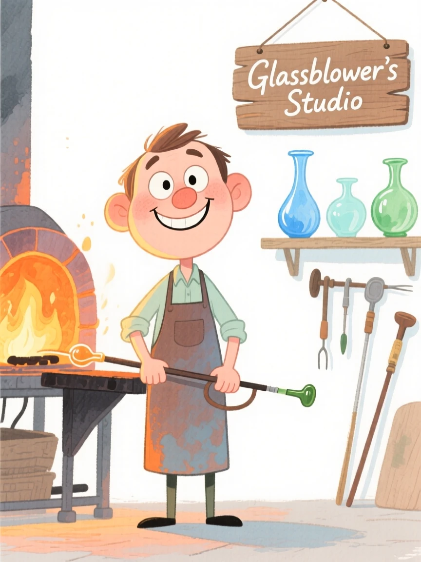 A glassblower smiling proudly in front of their workspace