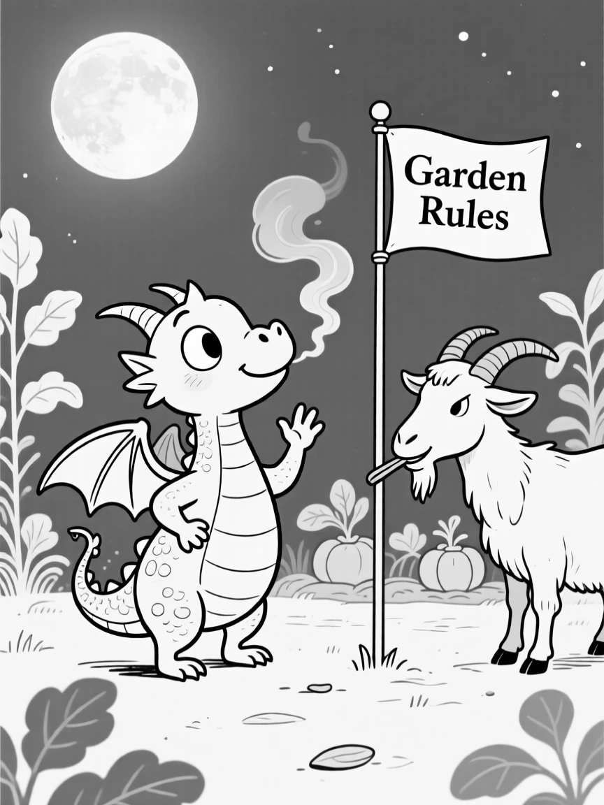 A tiny dragon hiccuping puffs of smoke, waving tiny arms wildly to close a deal, set in a moonlit vegetable garden. A stubborn goat chews on a nearby flag. It feels like a page pulled from a beloved fairy tale.