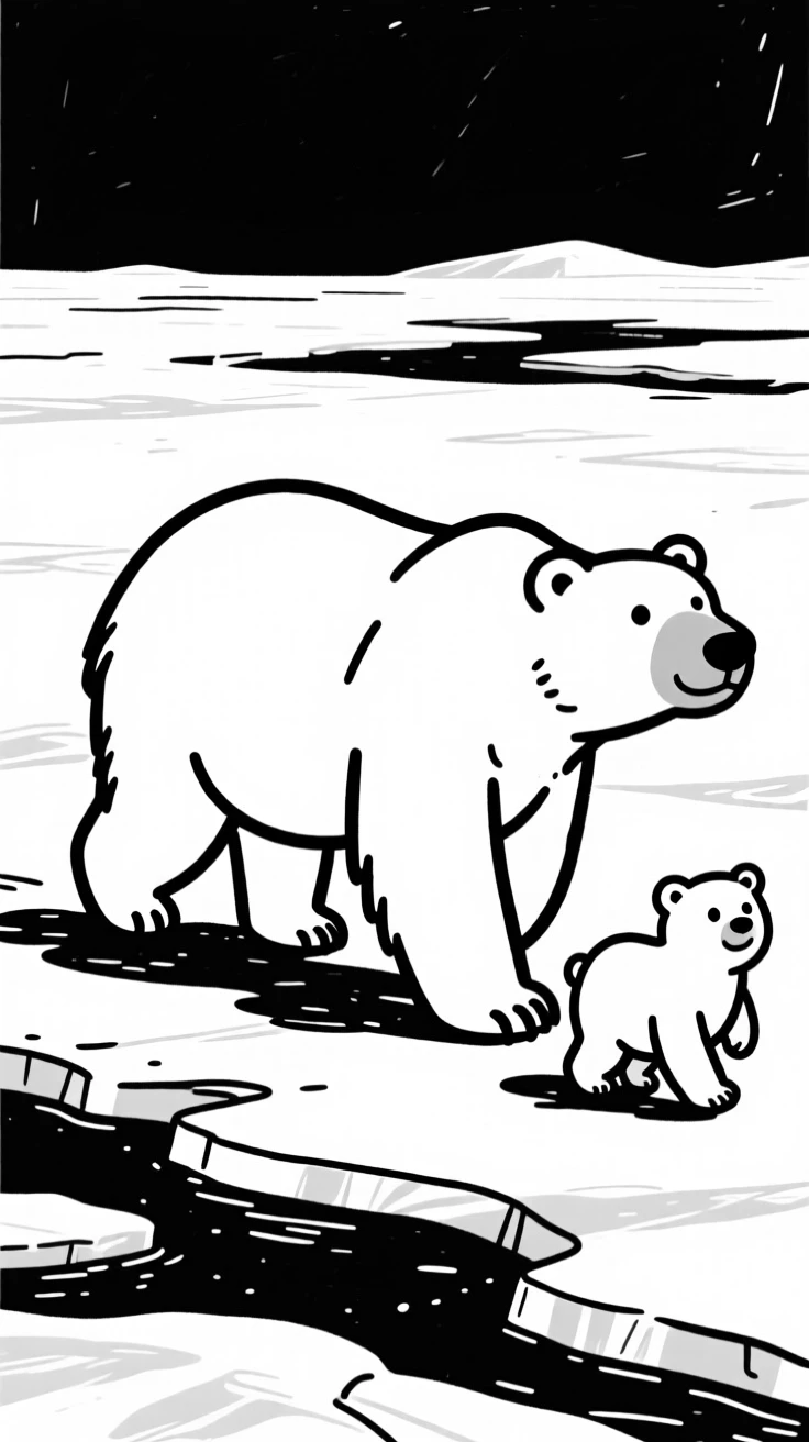 A polar bear and her cubs walking across a vast Arctic ice field.
