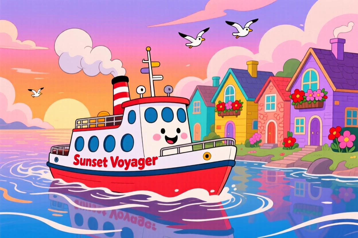A ferry crossing a bay lined with colorful houses at sunset.