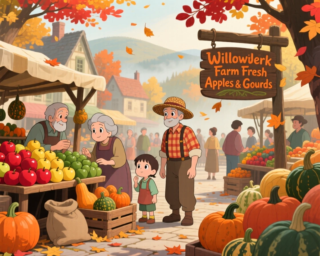 A autumn scene of a farmer's market stacked with apples and gourds, as townsfolk go about their day.