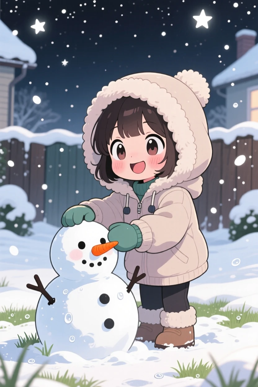 Waist-up portrait: a young girl, building a snowman with a carrot nose, set against a snowy front yard as morning dew glistens on the grass, with sparkling starlight and a mood of quiet contentment.