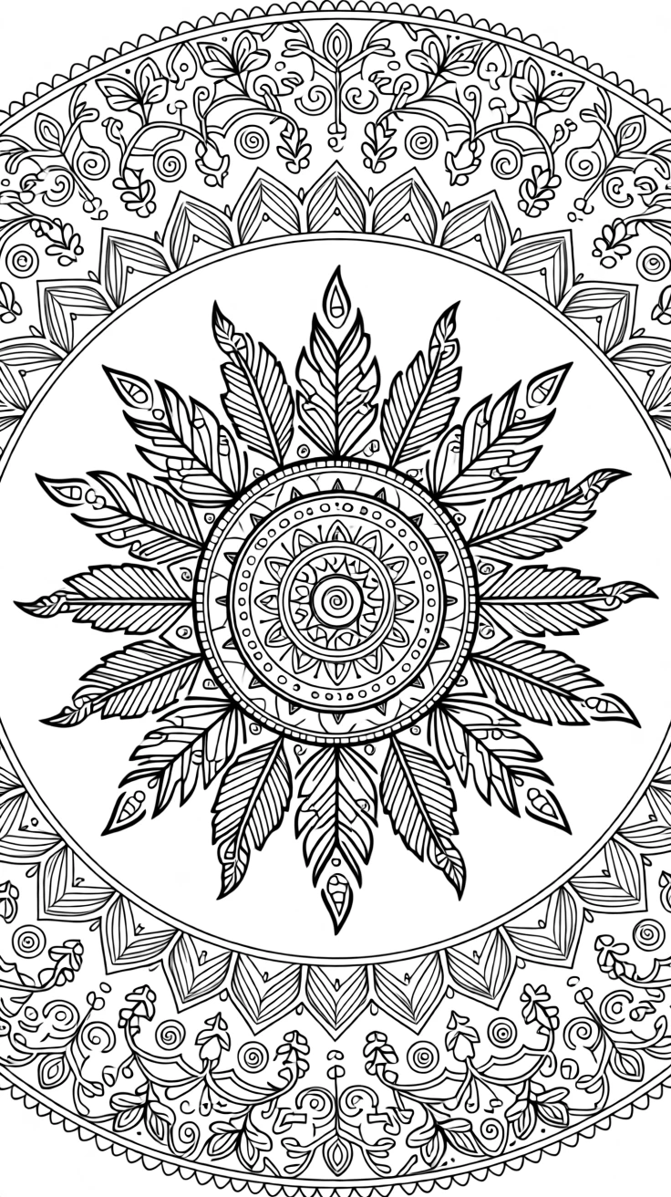 A sun-shaped mandala with rays alternating between flames and feathers.