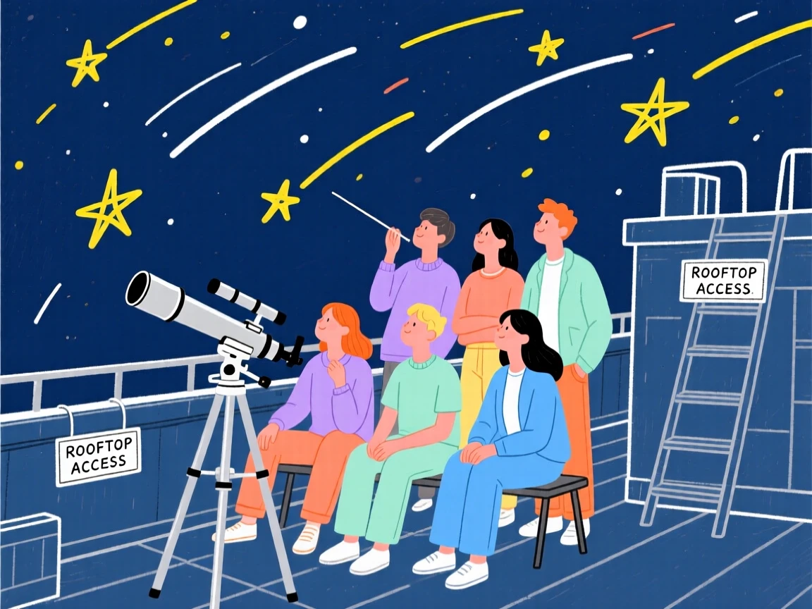 A group of friends stargazing from a rooftop.