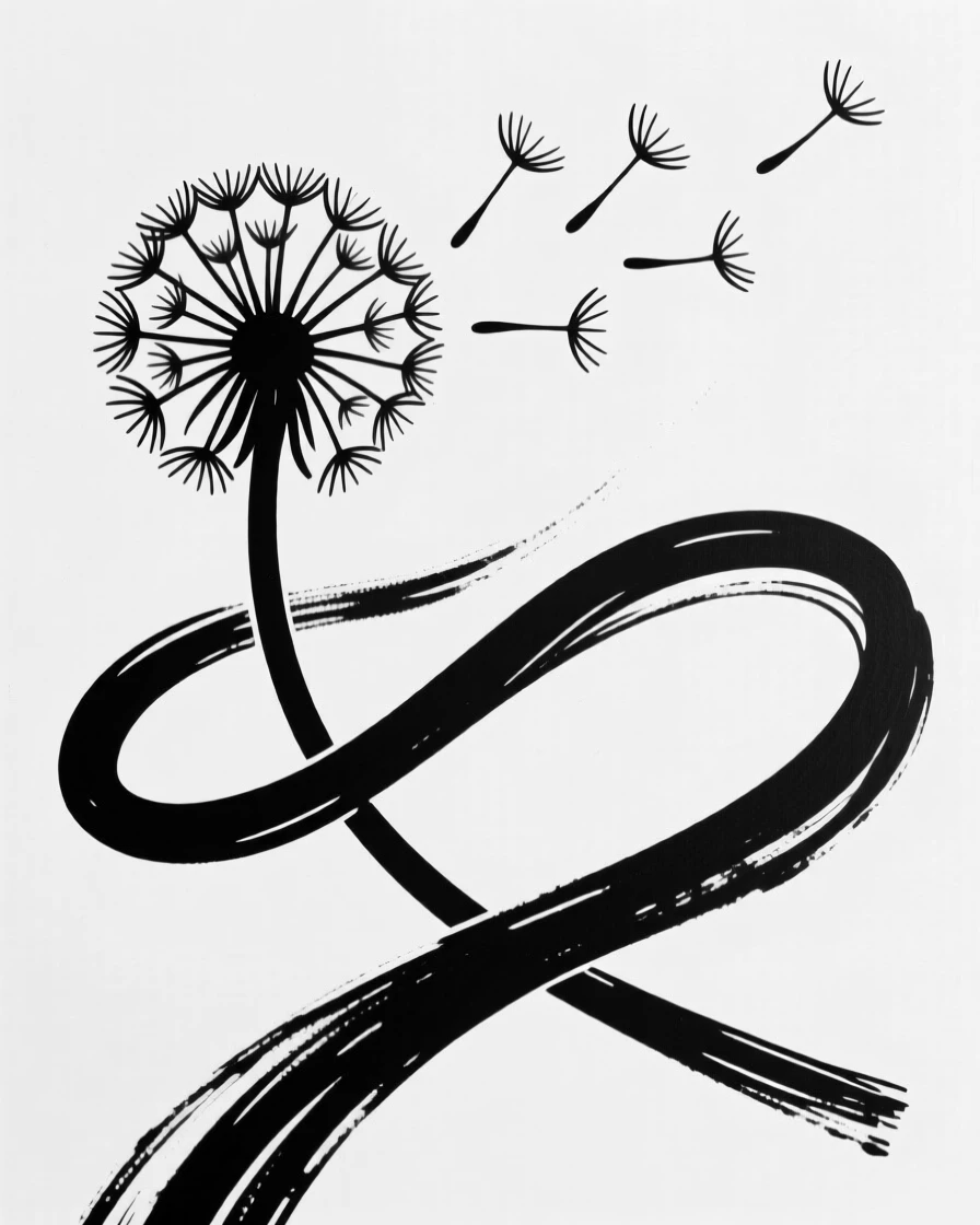 A single dandelion with seeds drifting away on the wind.