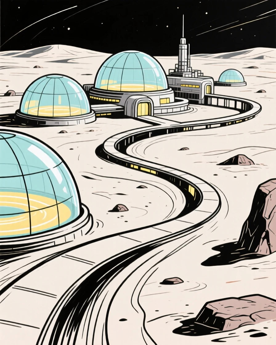 A distant space colony with glass domes glowing on a barren planet.