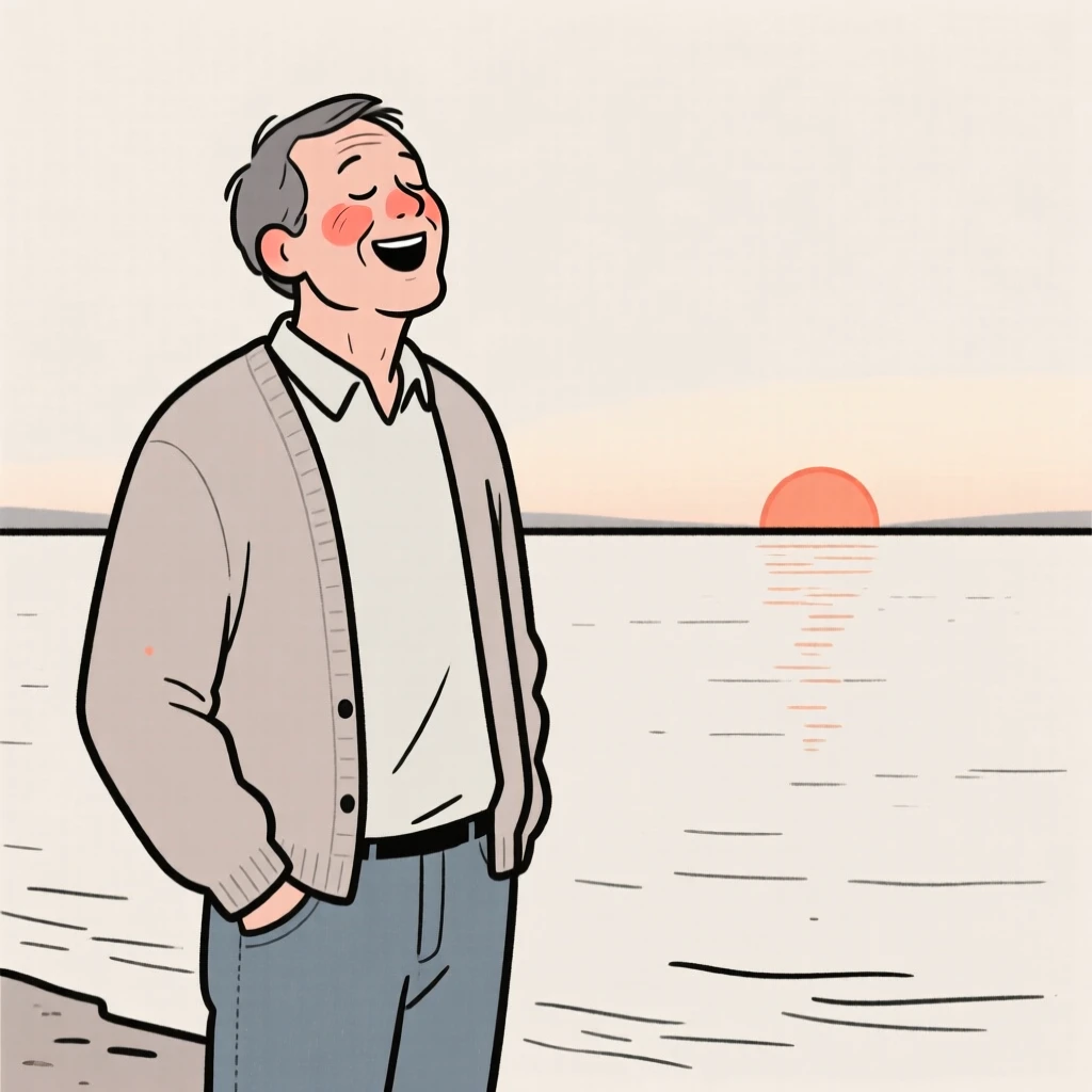A middle-aged man of French heritage in a soft cardigan and jeans, laughing with eyes closed, beside a calm lake at sunrise.