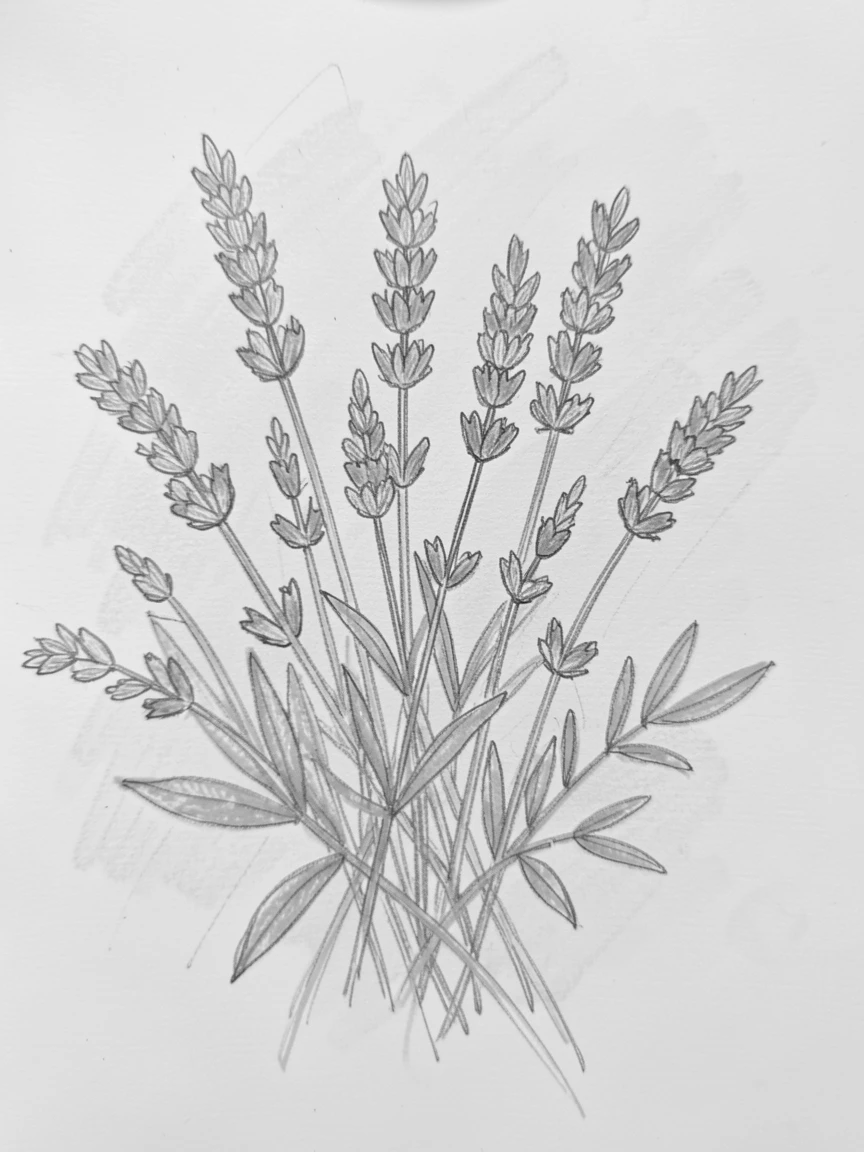 A bunch of dried lavender against a soft pastel backdrop, framed by delicate green leaves.