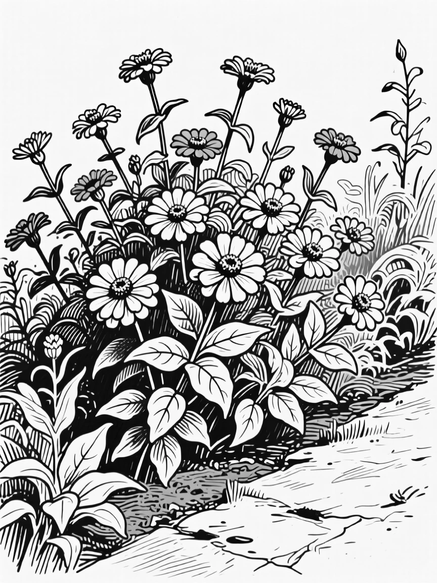 A cluster of zinnias in bold colors filling a cottage garden bed.