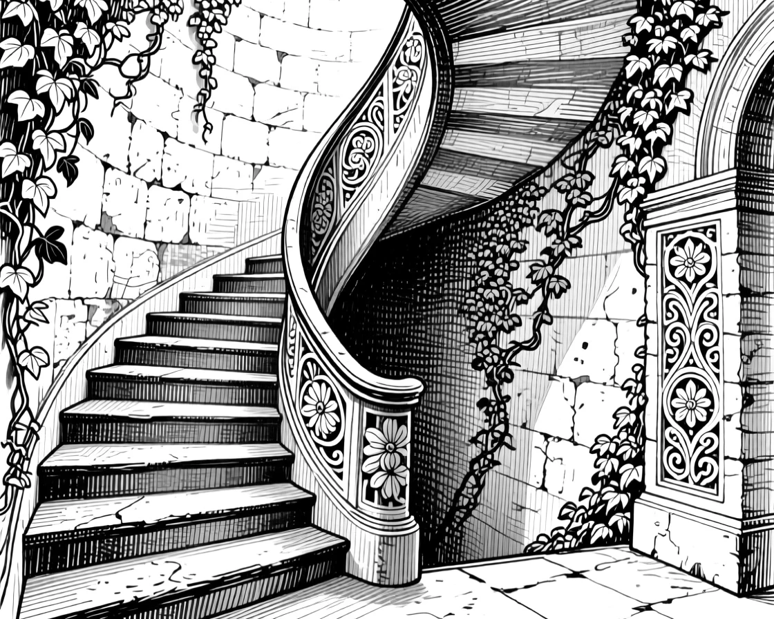 A sweeping spiral staircase with ivy climbing its weathered walls, featuring ornate carvings along the facade, rendered in an awe-inspiring architectural composition.