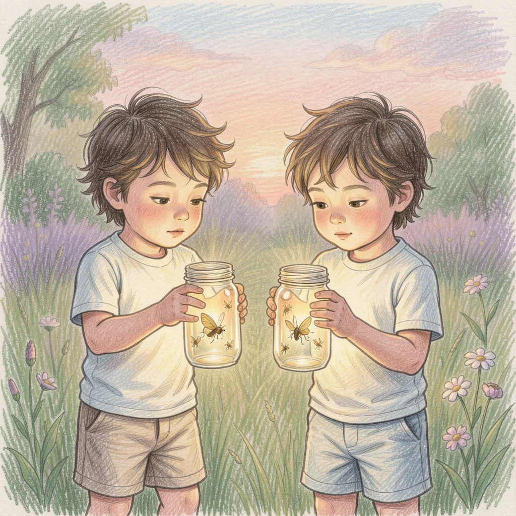 Kids catching fireflies in jars on a warm summer evening, set in a soft, nostalgic, storybook-like atmosphere, celebrating the simple magic of everyday family moments.