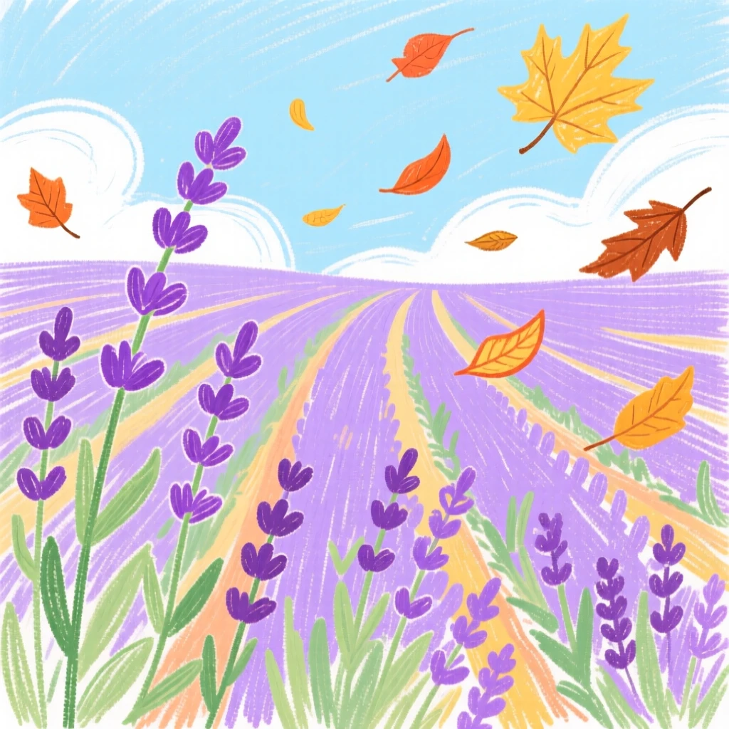 A view of a lavender field surrounded by drifting autumn leaves.