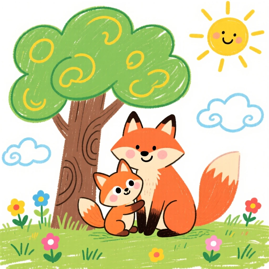 A curious fox kit cuddled beside its mother under a shady tree.