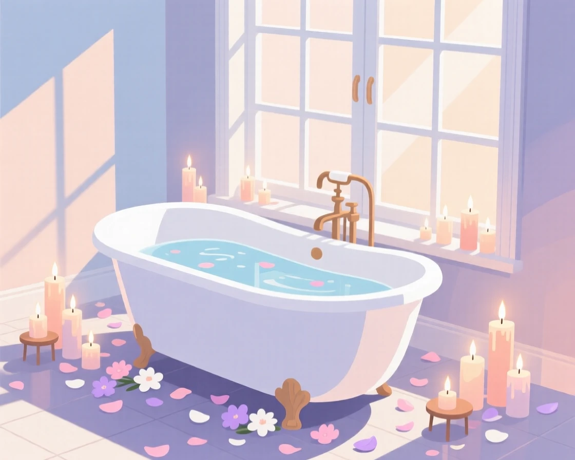 A bathtub surrounded by candles and fresh flower petals, placed near a large window with morning light streaming in, composed with a relaxed, candid feel, with gentle pastel tones evoking calm and comfort.