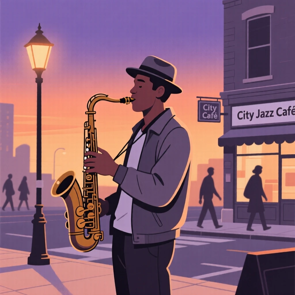 A street musician playing saxophone on a lively city corner at dusk.