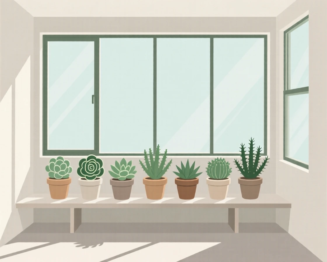 A cozy plant-filled sunroom filled with potted succulents, set in a modern townhouse, evoking restful ease.