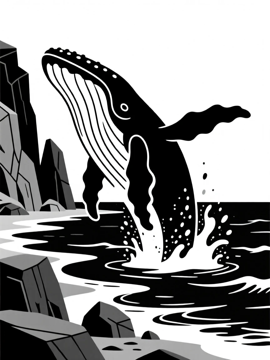 A humpback whale breaching along a rocky coastline.