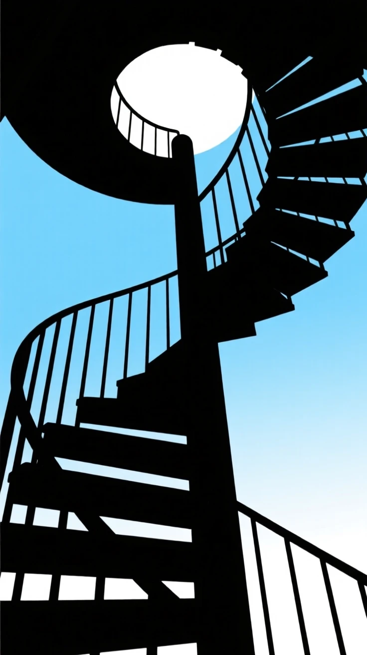 A staircase spiraling upward into a bright patch of open sky.