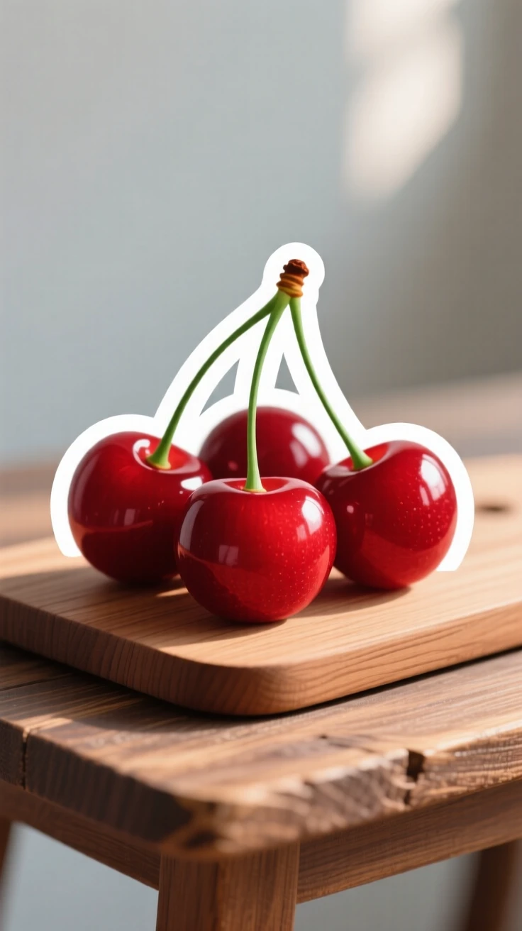A cozy and comforting cluster of ripe red cherries, resting on a rustic wooden board, on a rustic wooden table with soft morning light.