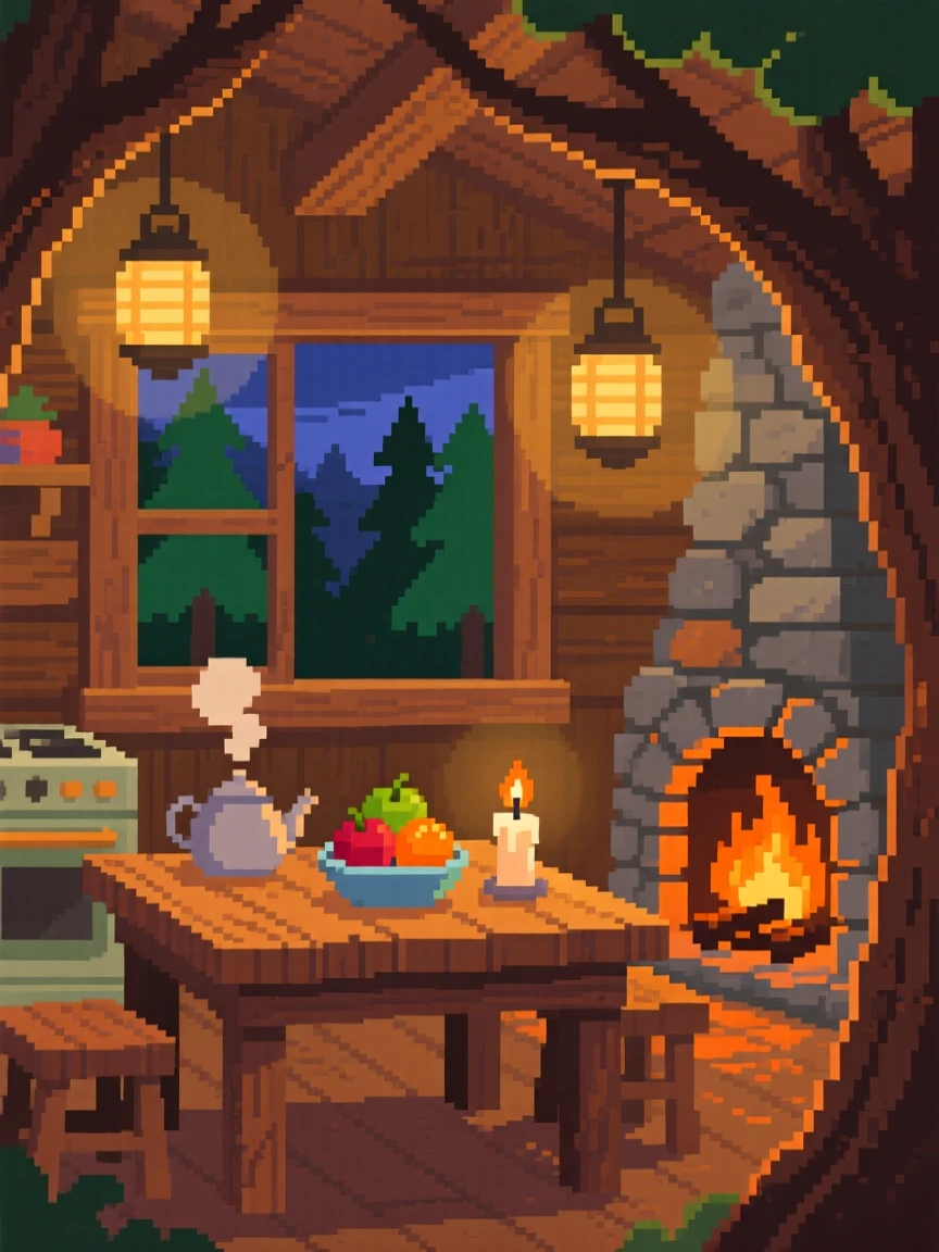 A warm kitchen table lit by a crackling fire and hanging lanterns, in a treehouse overlooking a quiet forest.
