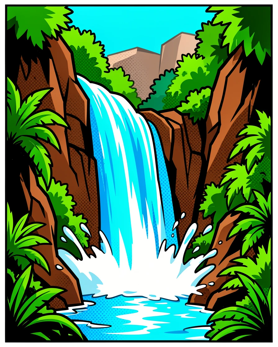 A dramatic waterfall cascading through a rainforest canyon
