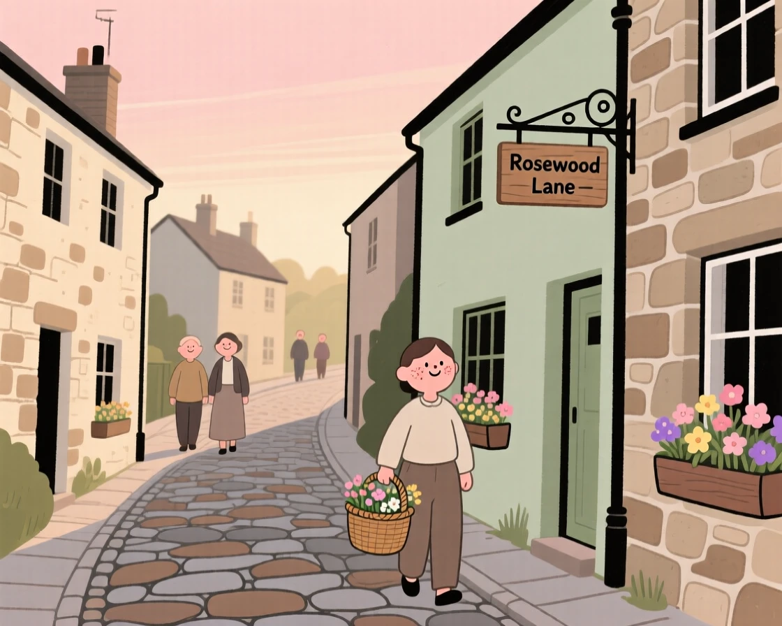 A narrow winding street winds through a small countryside town lined with stone cottages and window boxes full of flowers, quiet in the early morning light.