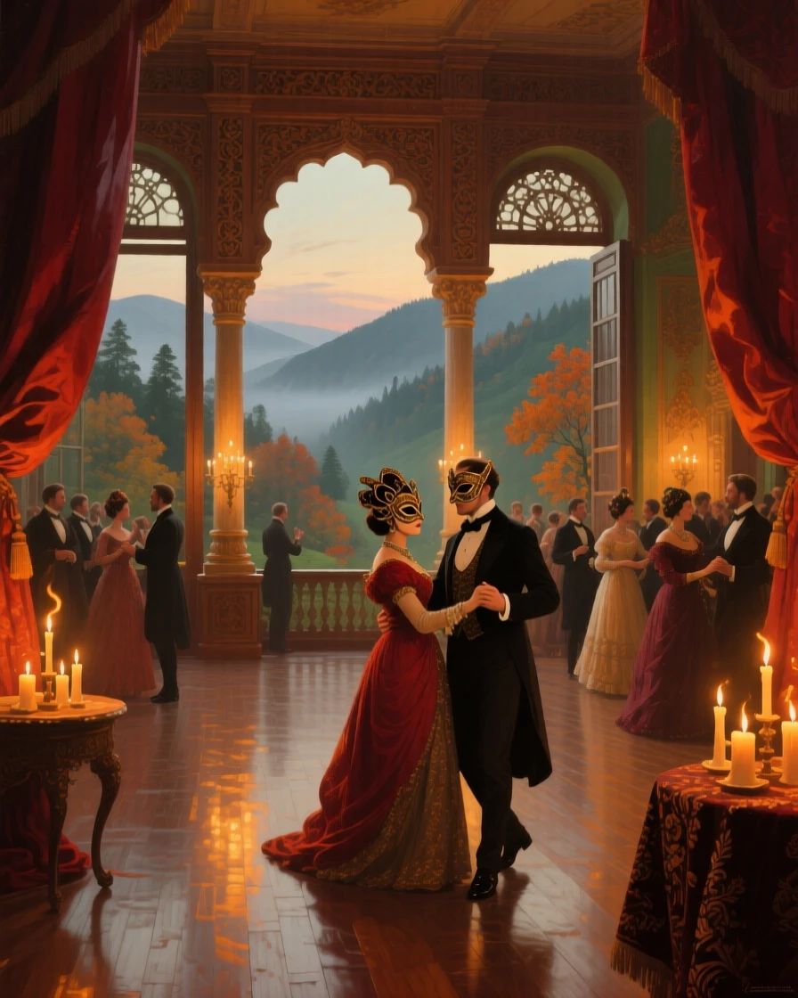 A wide establishing shot of a masquerade ball in a candlelit grand hall, in mid-autumn, in an Indian hill station.