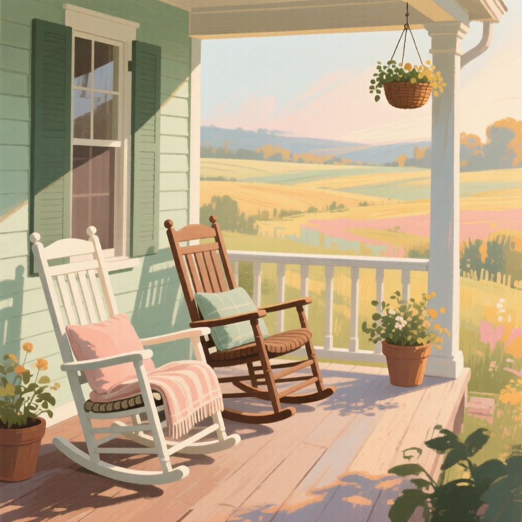 A farmhouse porch with rocking chairs overlooking rolling fields