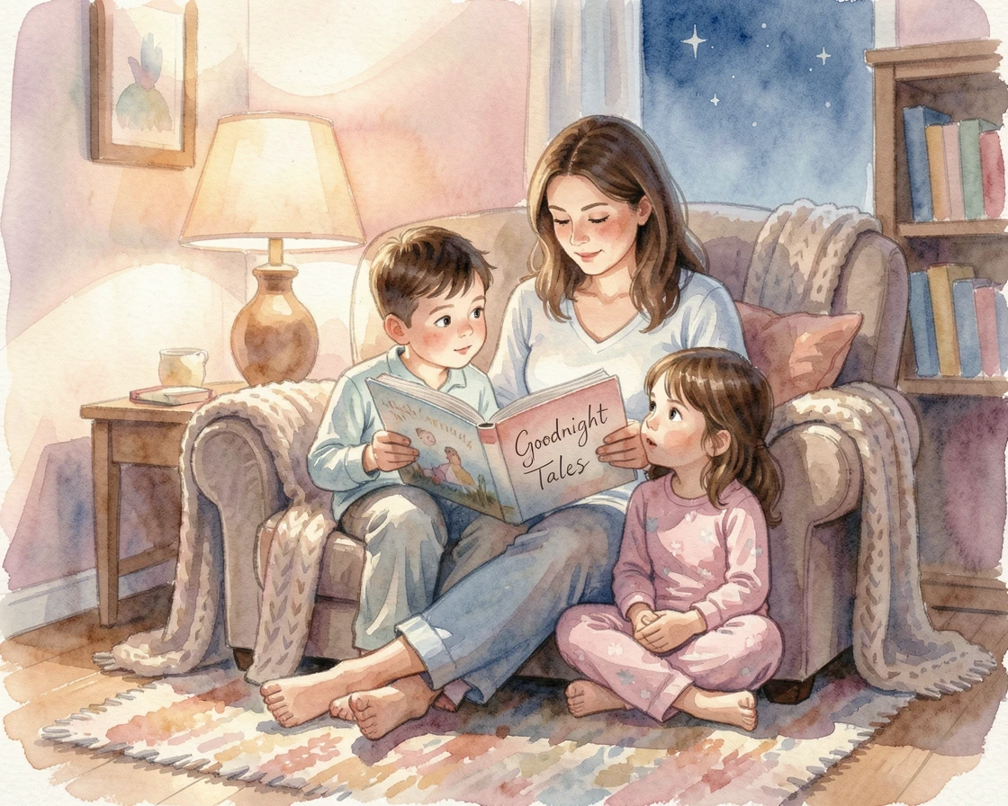 A mother reading a bedtime story to her children in a moment of quiet togetherness.