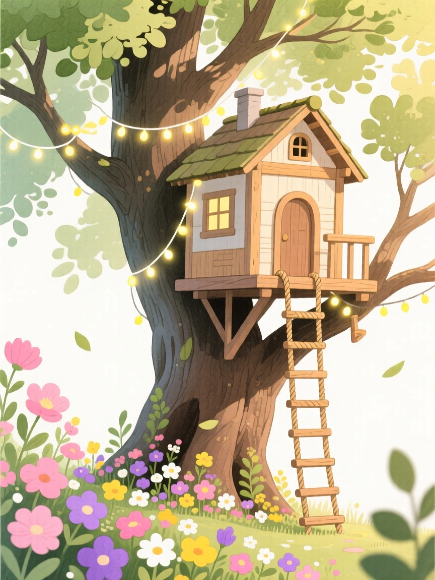 A treehouse with a rope ladder and fairy lights, framed by blooming flowers and soft afternoon light.