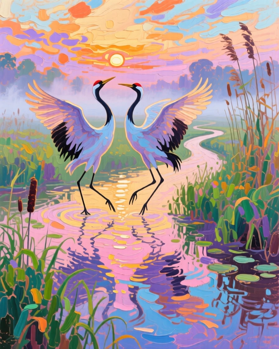 two cranes dancing in a marsh, at sunrise, composed along a natural leading line.