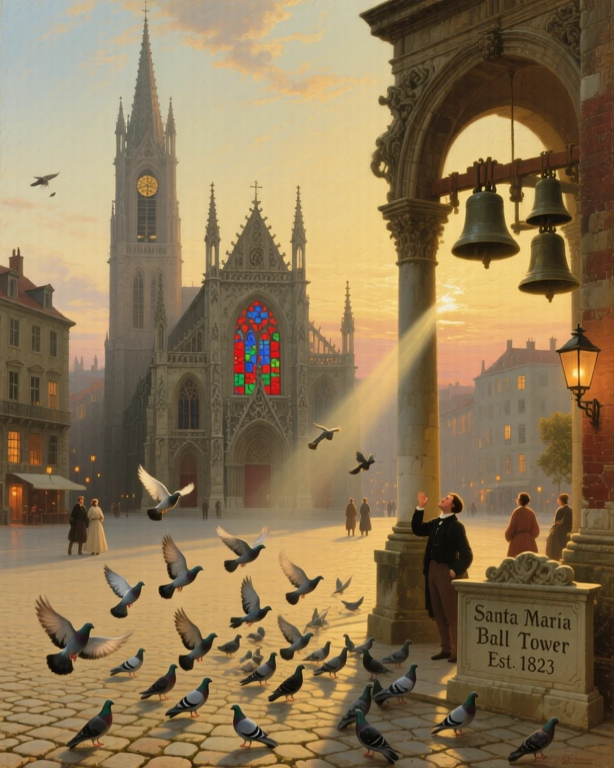Church bells ring across a city as pigeons scatter from the square.