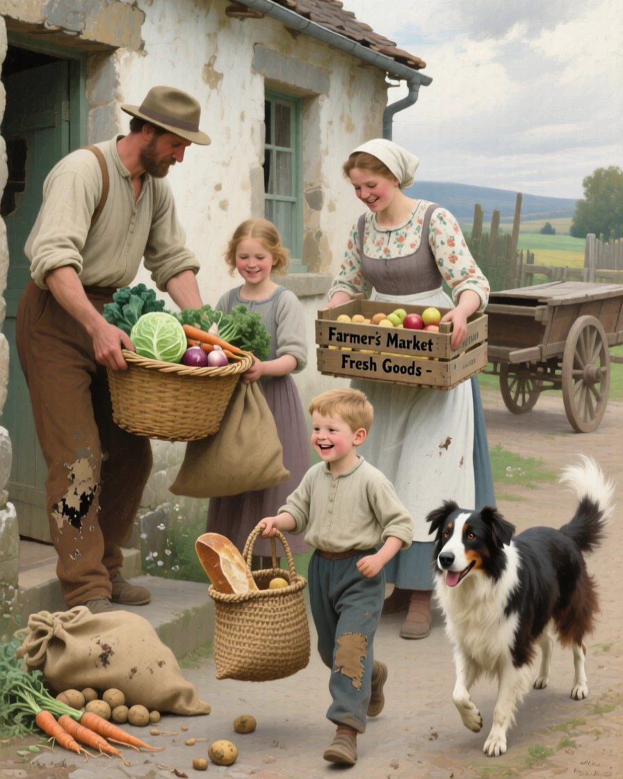 A family unloading groceries together, kids carrying the lightest bags proudly, with a beloved family pet joining in the moment, celebrating the simple, universal joys of family life