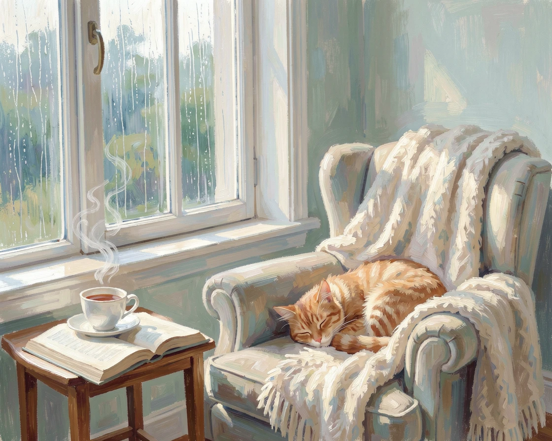 A cozy reading nook by a rain-streaked window, a cup of tea steaming beside an open book and a sleeping cat.