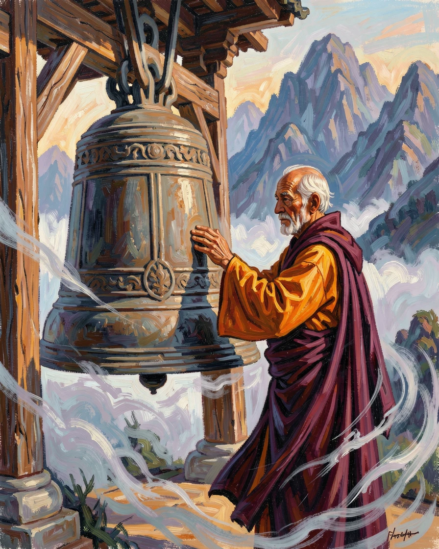 An elderly monk ringing a temple bell as morning mist rises over distant mountains.