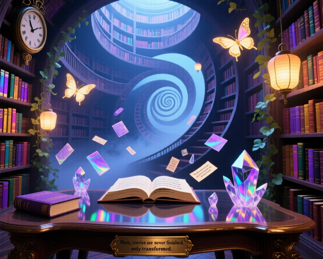 A library where books rewrite themselves the moment they are closed hums with a strange, looping quality of time, as light bends unnaturally around every corner.