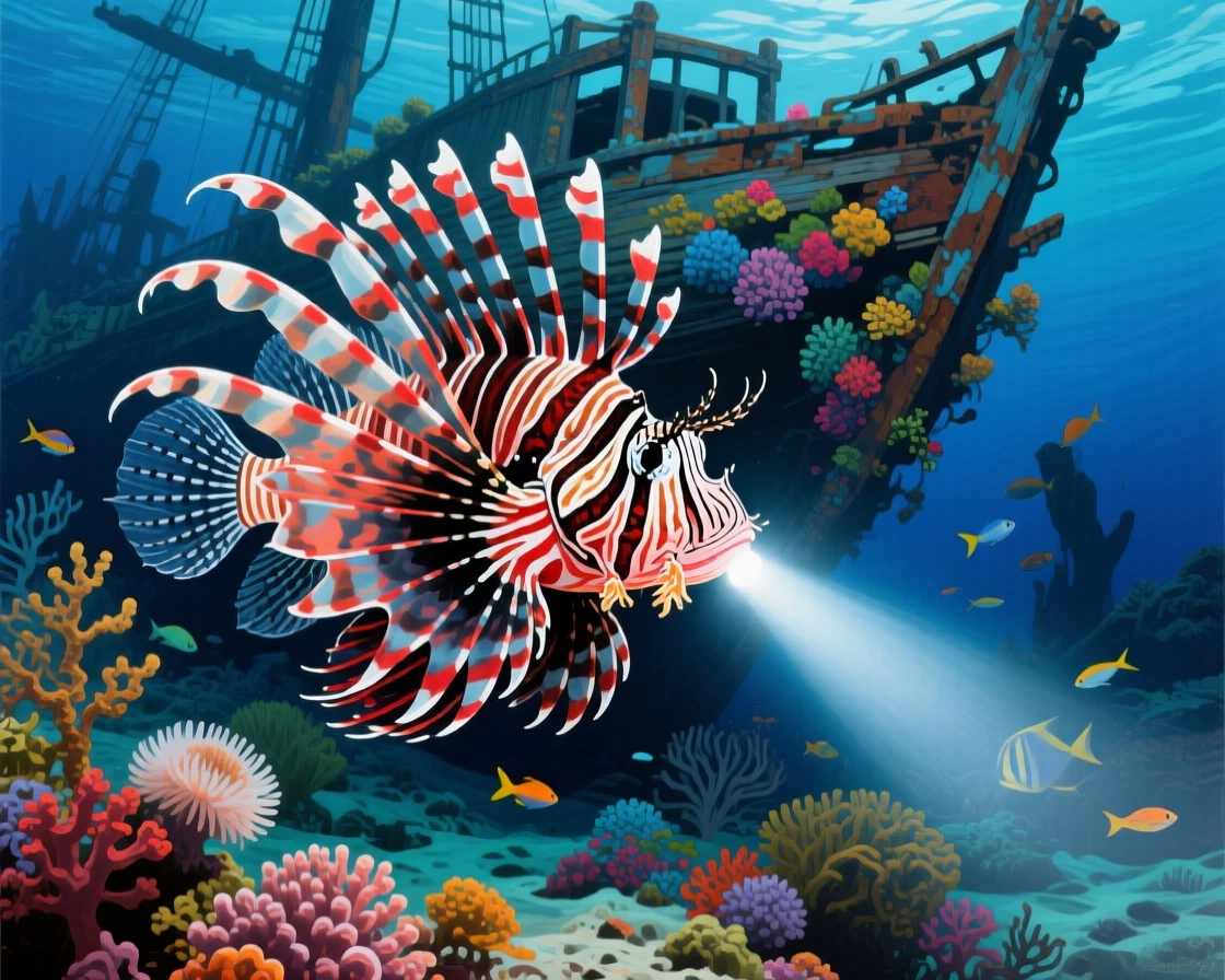 A vibrant lionfish spreads its venomous spines while hovering near a shipwreck reef, its striped pattern glowing under a diver's flashlight, its posture alert yet relaxed, fully at ease within its natural surroundings.