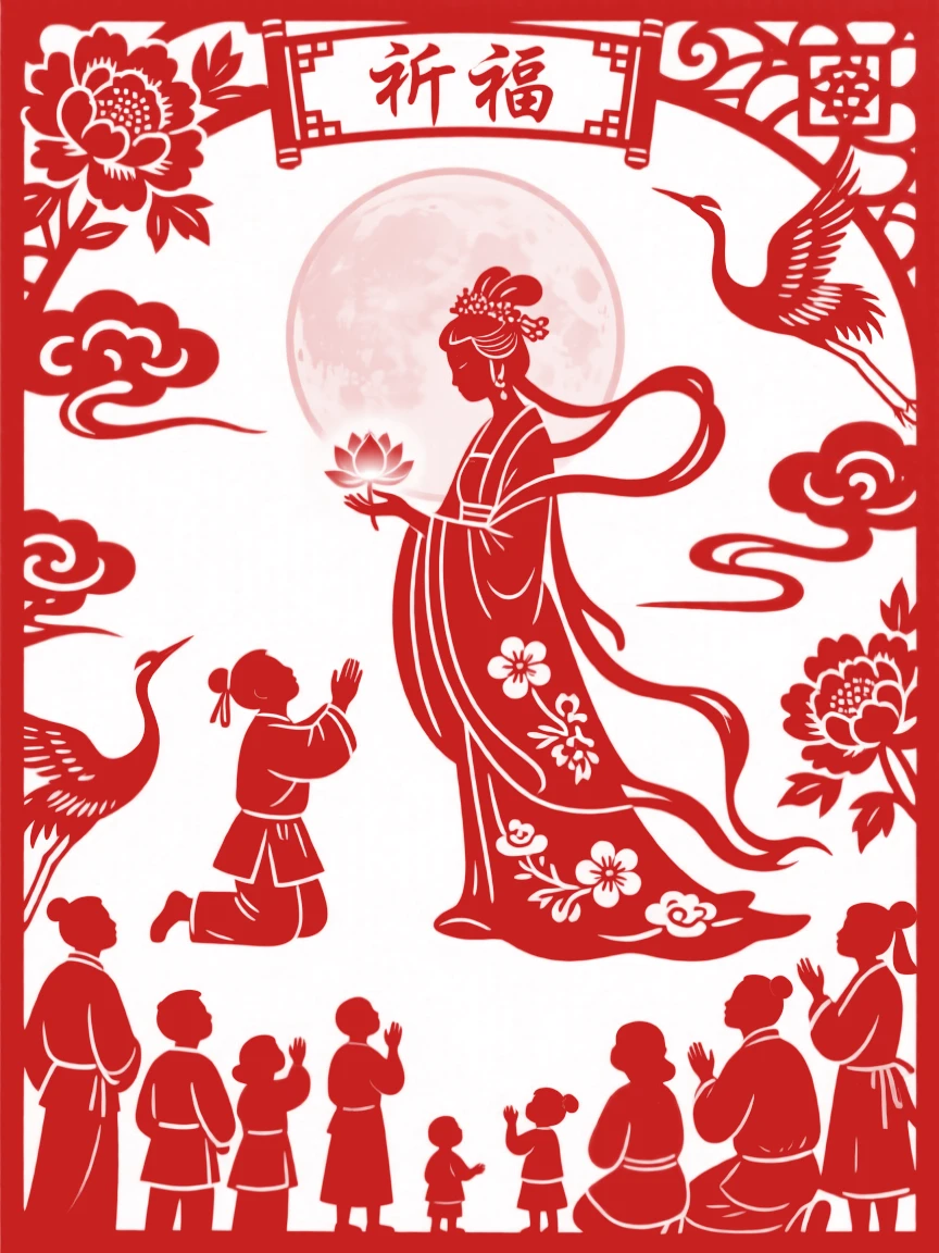 A moon goddess attendant, granting a wish to a kneeling villager, as mortal onlookers watch in awe from below.