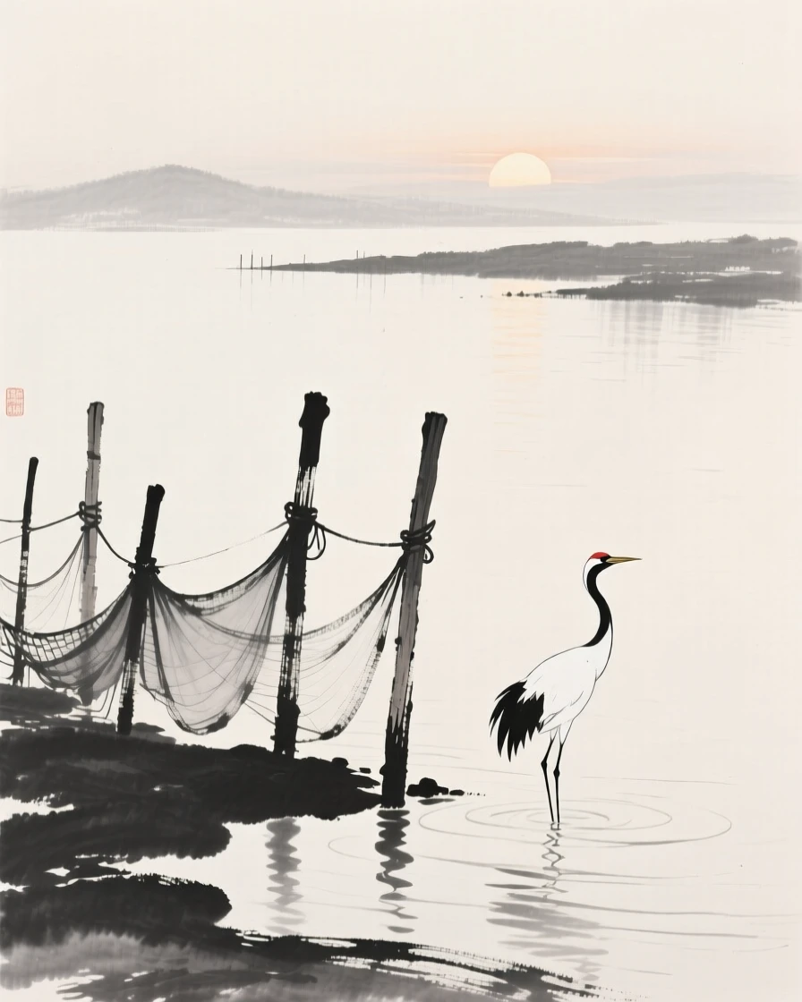 A calm bay where fishing nets dry along wooden posts in the stillness just before sunrise, seen from across the water, the far shore reduced to soft silhouette, with a single crane standing motionless at the water's edge, evoking a deep sense of solitude and quiet grandeur.