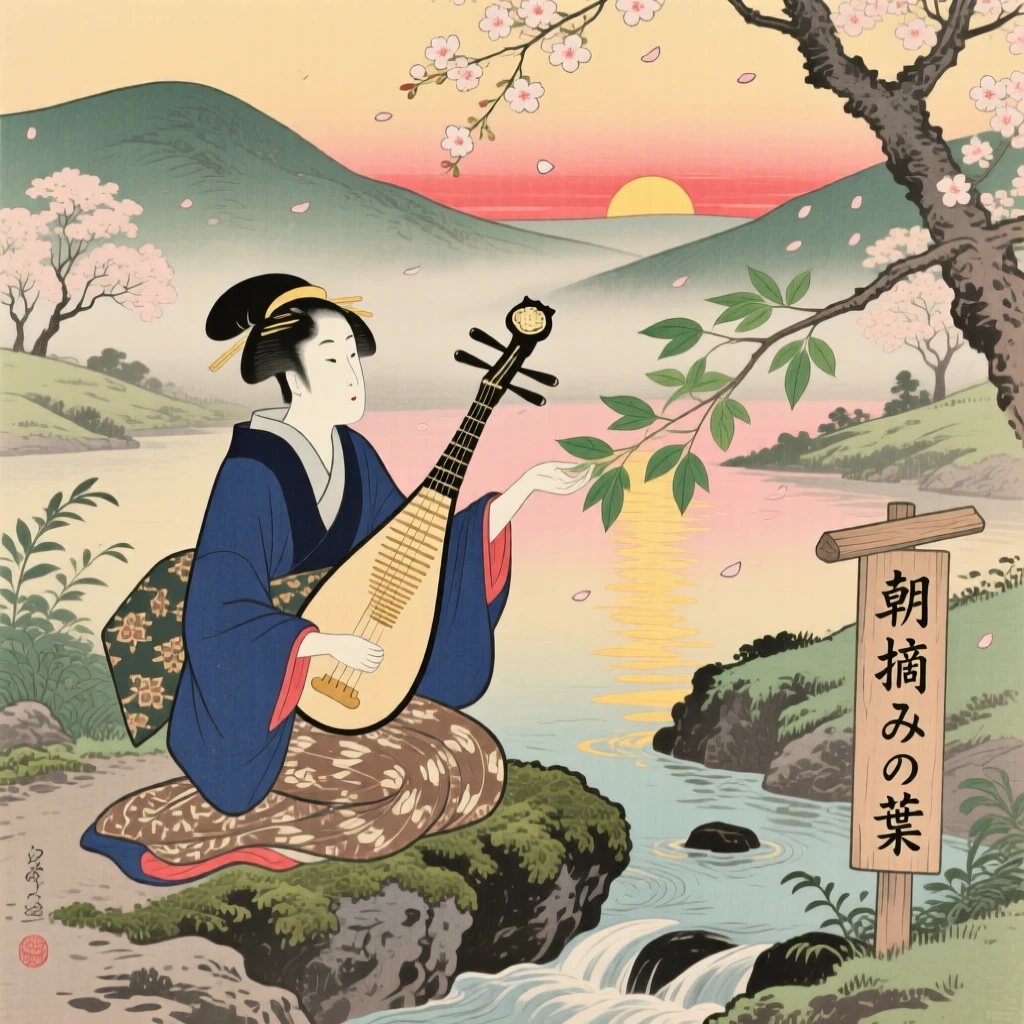 A musician with a stringed instrument picking fresh leaves at sunrise.