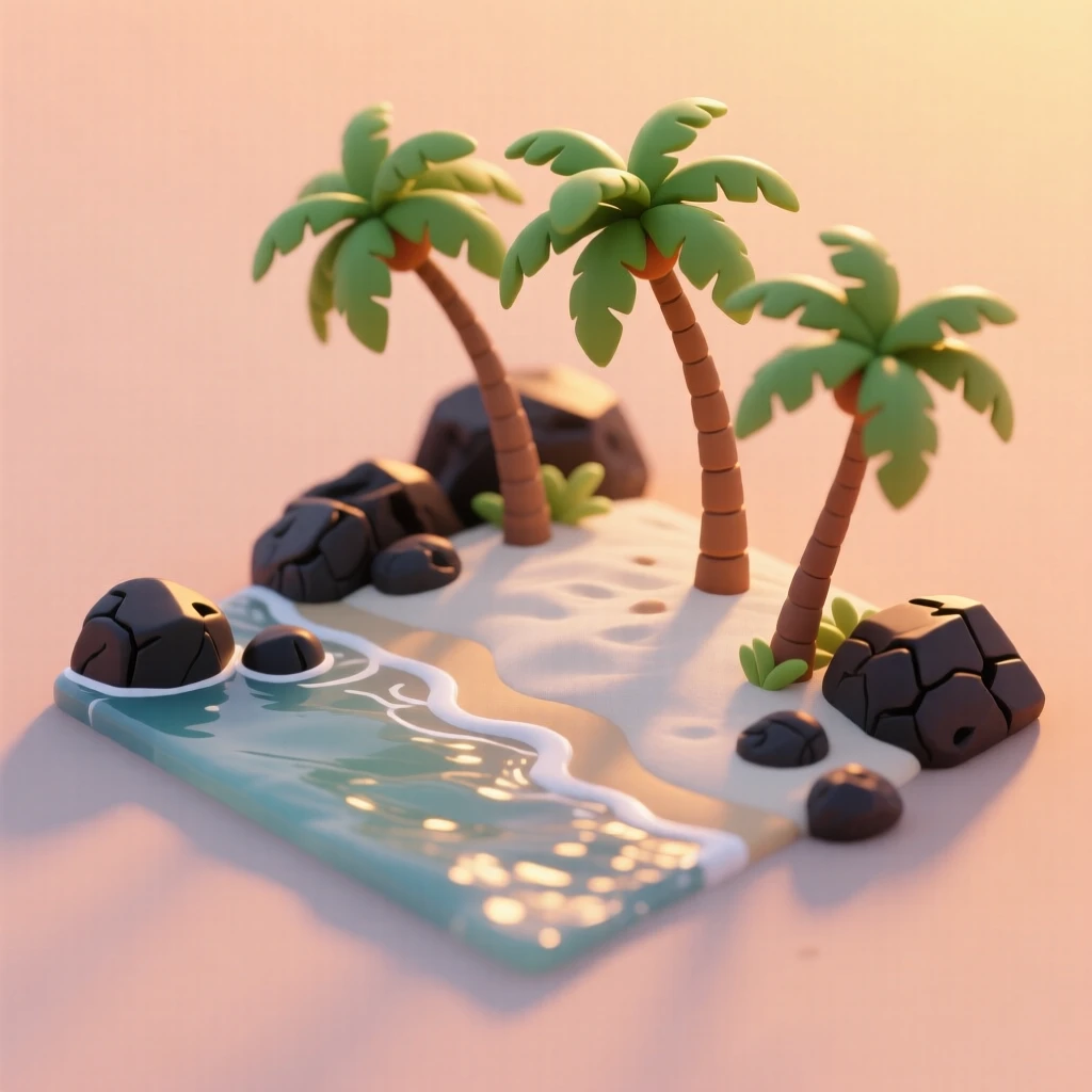A tropical beach cove at sunset, palm trees leaning over white sand, and gentle waves lapping against smooth volcanic rocks.