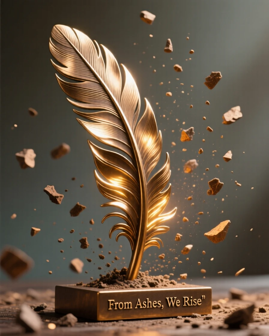 A phoenix feather glowing amid falling ash, symbolizing rebirth, composed with striking clarity and a strong central focal point, evoking deep emotional resonance