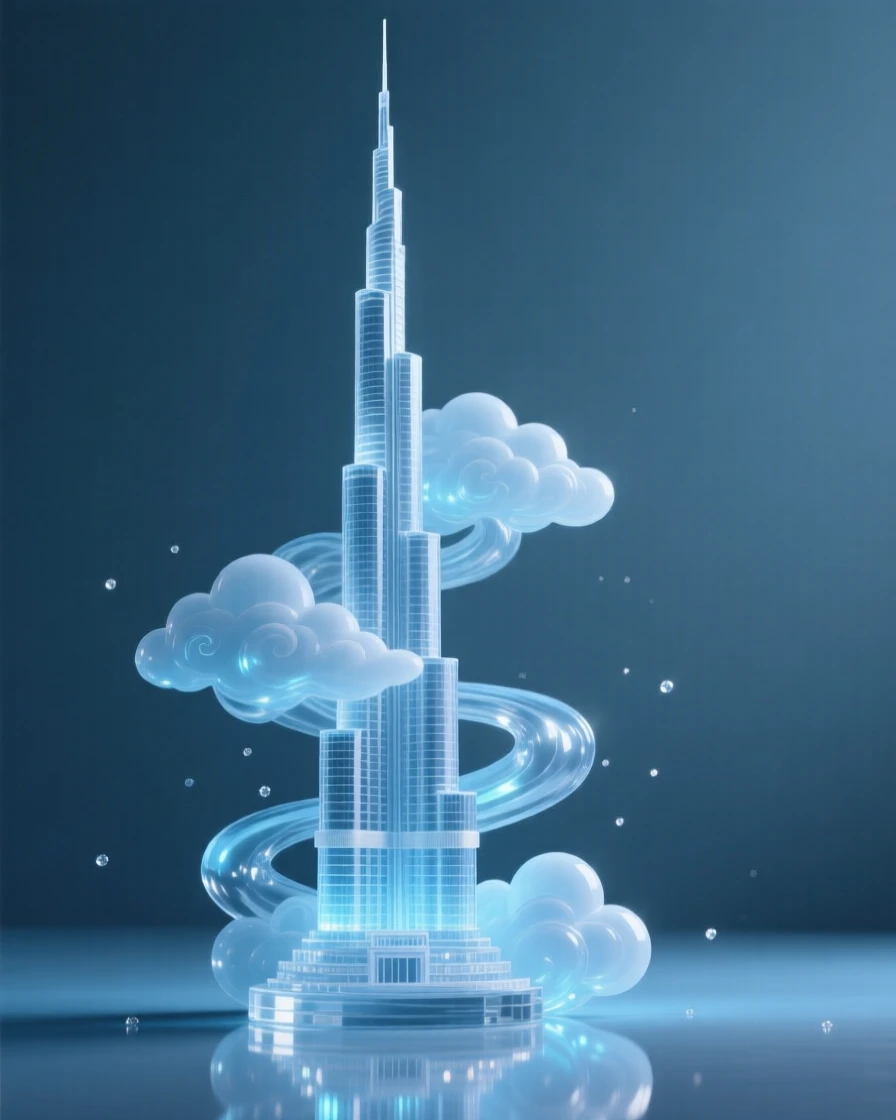 The Burj Khalifa piercing through clouds at blue hour with soft ambient lighting beginning to glow, reflections shimmering nearby, evoking timeless elegance.