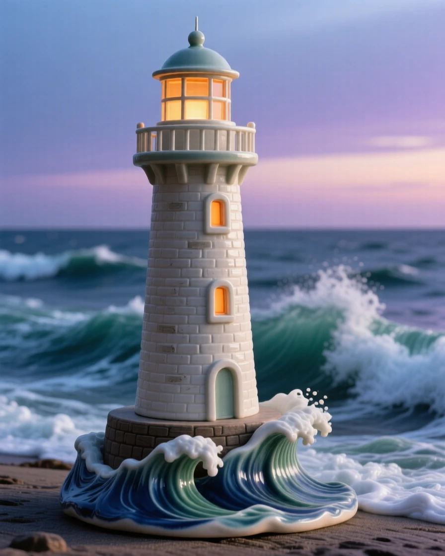 A lighthouse standing against crashing waves silhouetted against a fading twilight, its windows glowing warmly from within, conveying serenity and architectural majesty.