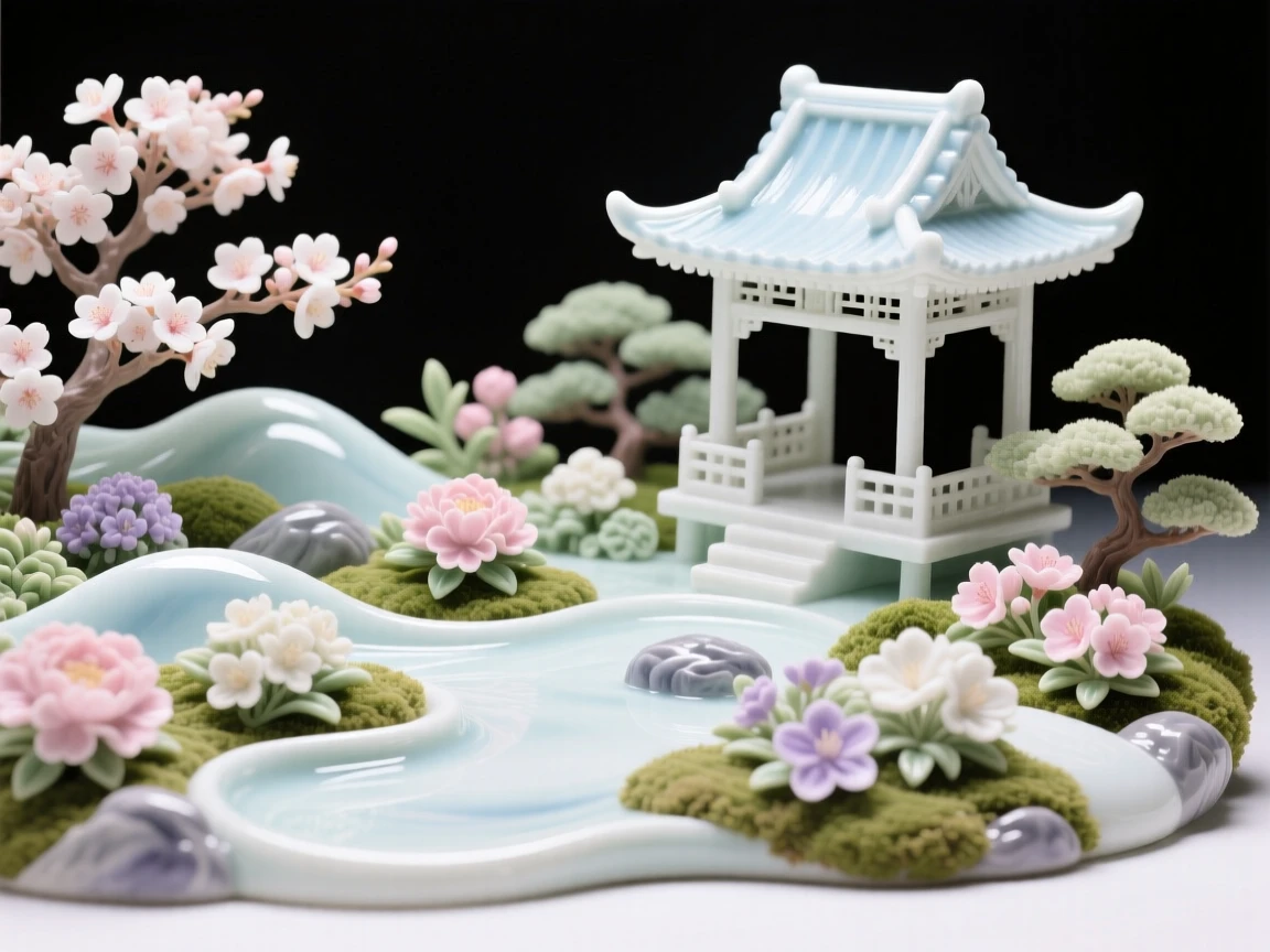 A sprawling Japanese zen garden in full bloom, overlooked by a small garden pavilion.