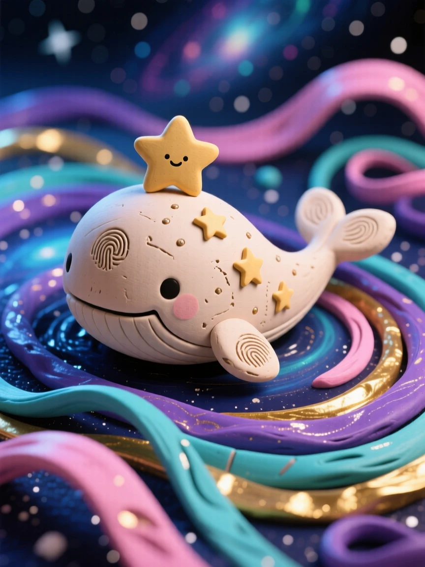 A star whale swimming slowly through a galaxy of swirling colors